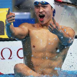 Yang Sun of China celebrates after winning the Swimming Men's 800m Freestyle Final.