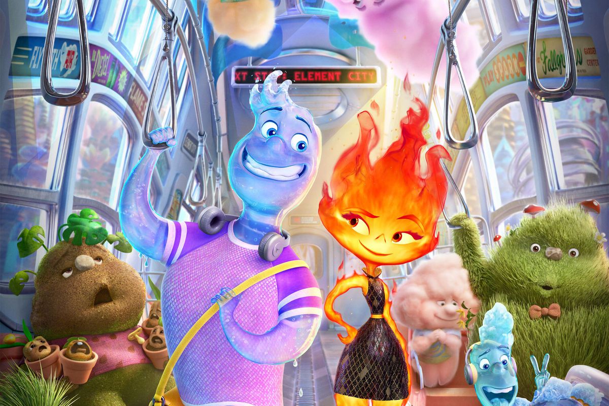 An image with creatures representing the four elements, riding a subway-style train.