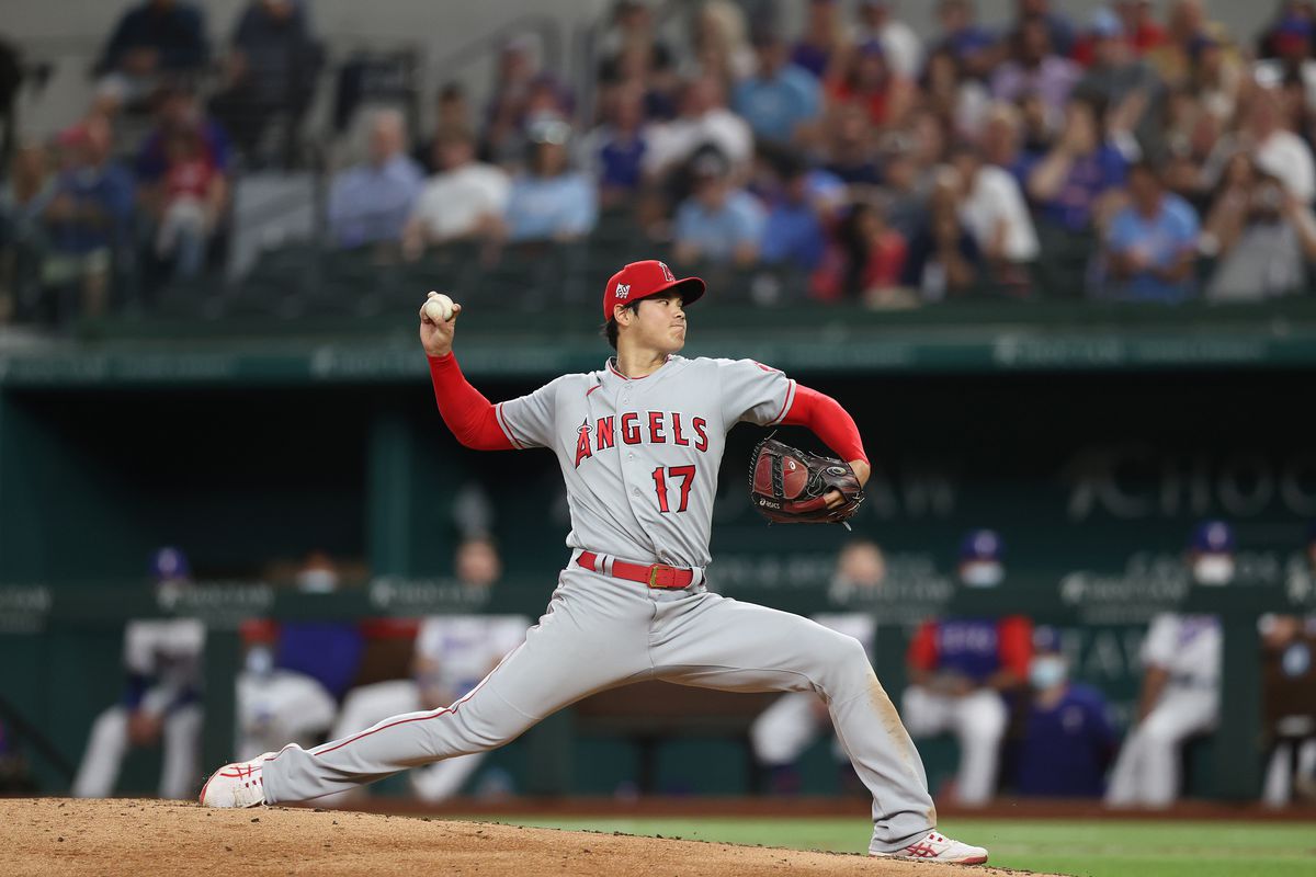 Shohei Ohtani #17 of the Los Angeles Angels throws against the Texas Rangers in the fifth inning at Globe Life Field on April 26, 2021 in Arlington, Texas.