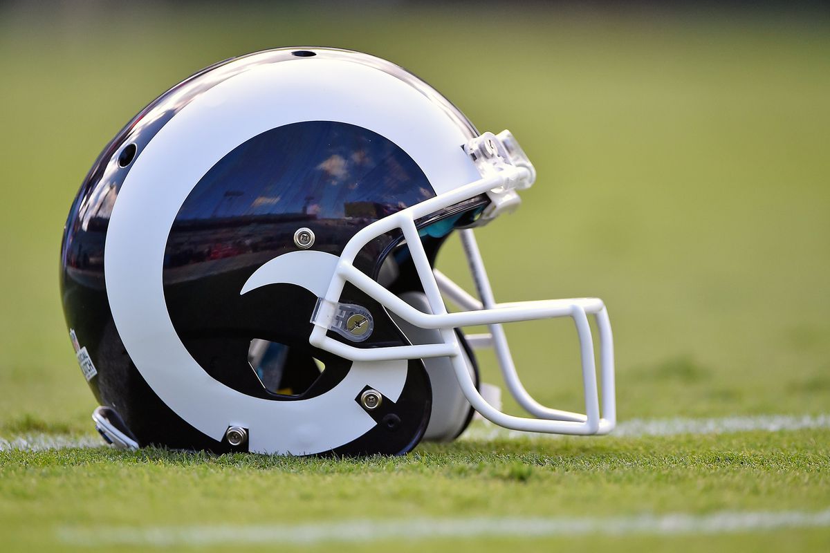 A general view of a Los Angeles Rams helmet on the field prior to the game between the Jacksonville Jaguars and the Los Angeles Rams at EverBank Field.