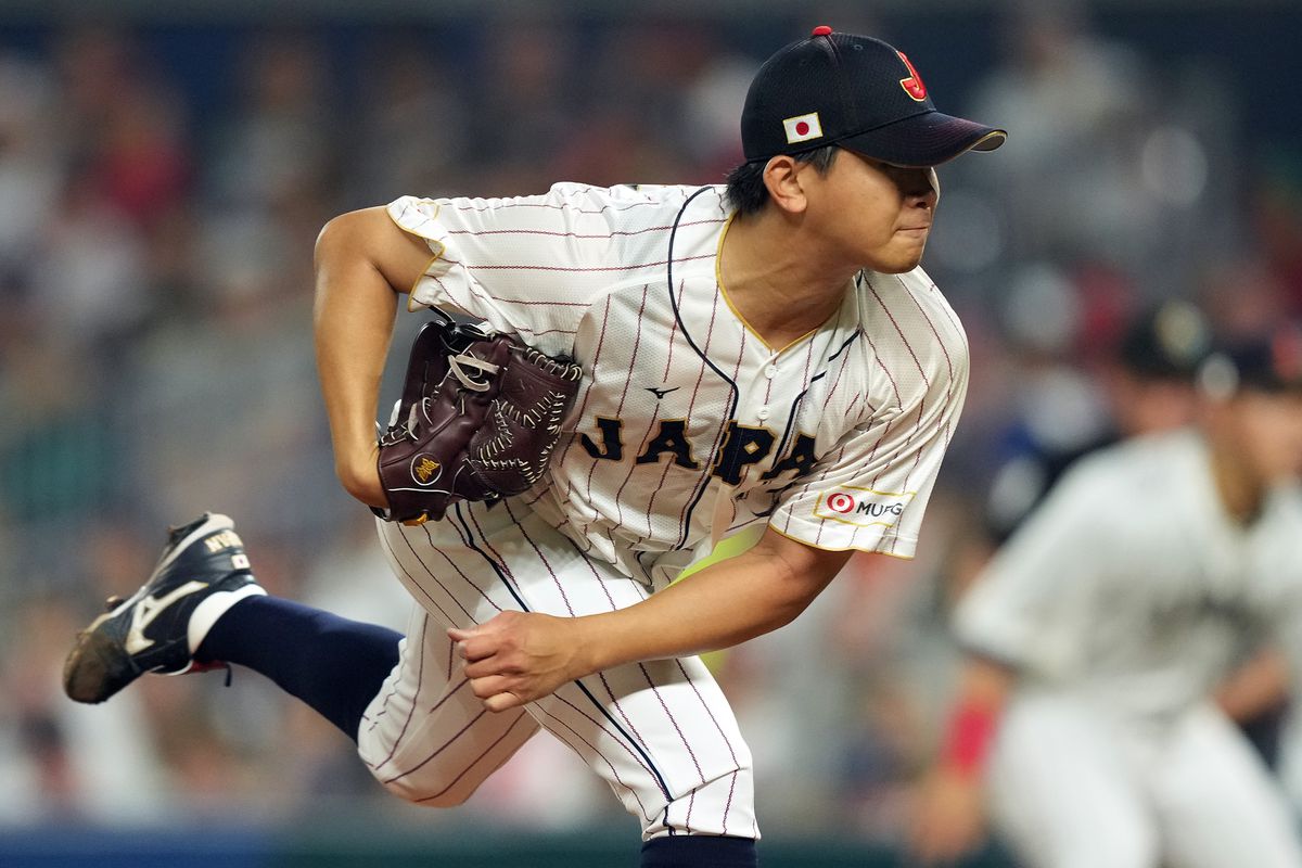 Shota Imanaga of Team Japan pitches in the second inning against Team USA during the World Baseball Classic Championship at loanDepot park on March 21, 2023 in Miami, Florida.