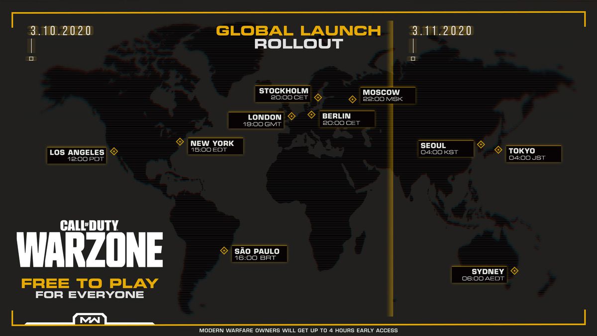 A map of release times for Call of Duty: Warzone