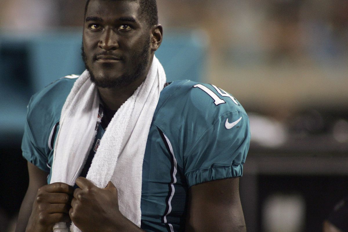 August 30, 2012; Jacksonville FL, USA; Jacksonville Jaguars wide receiver Justin Blackmon (14) reacts in the third quarter of their game against the Atlanta Falcons at EverBank Field. The Jaguars won 24-14. Mandatory Credit: Phil Sears-US PRESSWIRE