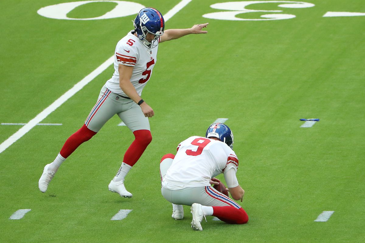 Graham Gano of the New York Giants kicks the ball for a field goal during the first half against the Los Angeles Rams at SoFi Stadium on October 04, 2020 in Inglewood, California.