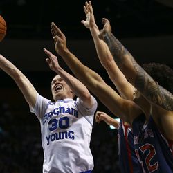 Brigham Young Cougars guard TJ Haws (30) shoots a layup against St. Mary's Gaels at the Marriott Center in Provo on Thursday, Jan. 24, 2019.