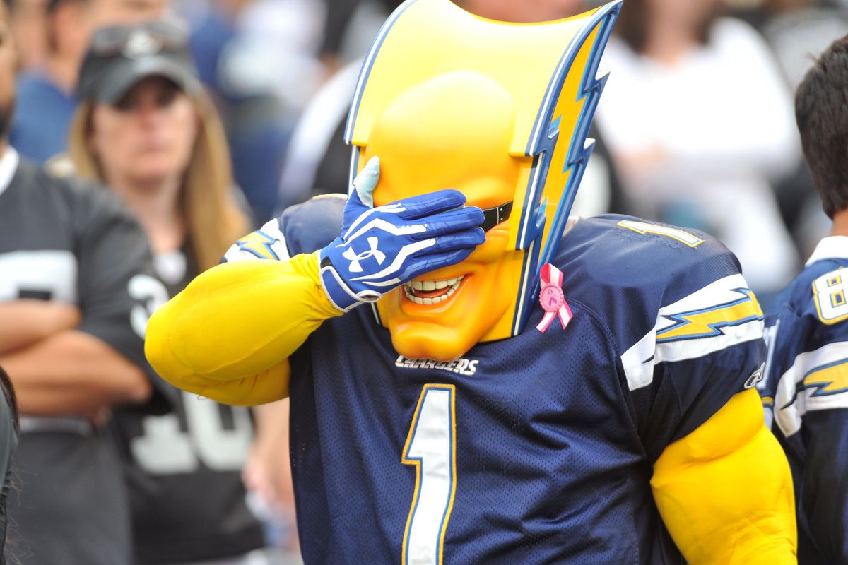 Even the idiot that dresses up like Boltman is embarrassed by the Chargers.
