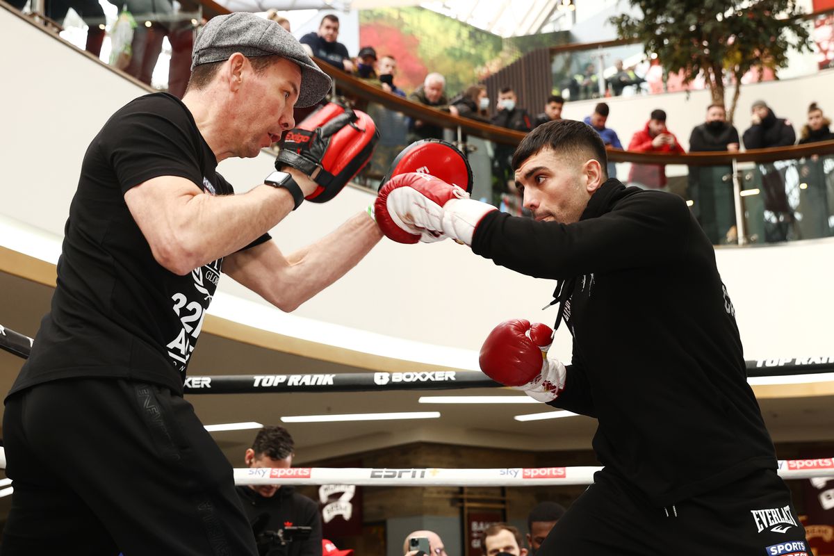 Jack Catterall doing mitt work during the Josh Taylor v Jack Catterall open workout at St Enoch Square on February 23, 2022 in Glasgow, Scotland.