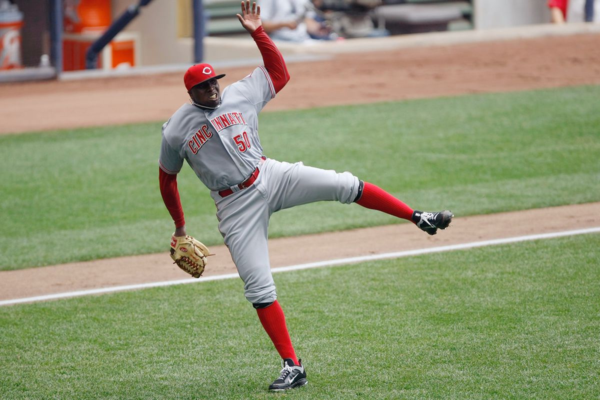Dontrelle Willis contorts his body into a "K," signifying "strikeout." (Photo by Scott Boehm/Getty Images)