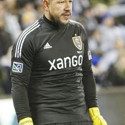 Real's Nick Rimando watches during the shootout as Real Salt Lake loses to Sporting KC Saturday, Dec. 7, 2013 in MLS Cup action.