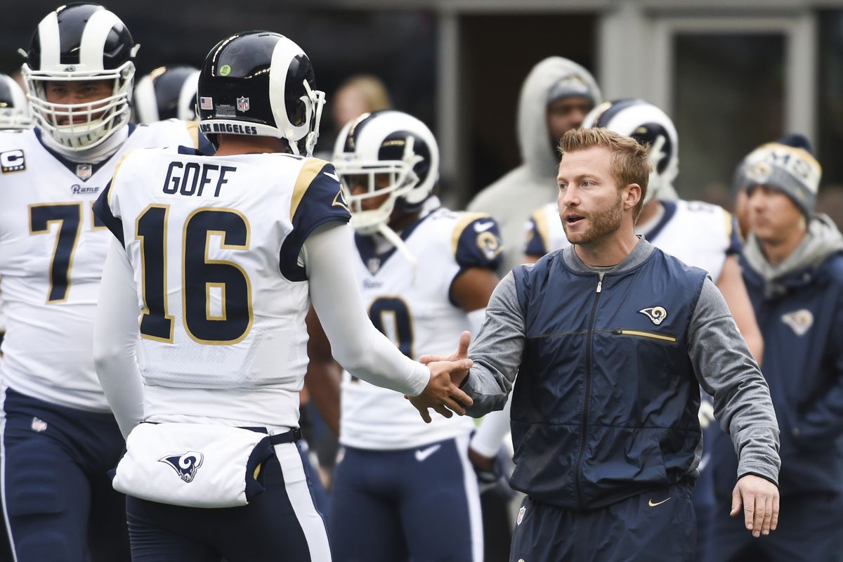 Los Angeles Rams Head Coach shakes hands with QB Jared Goff in Week 15