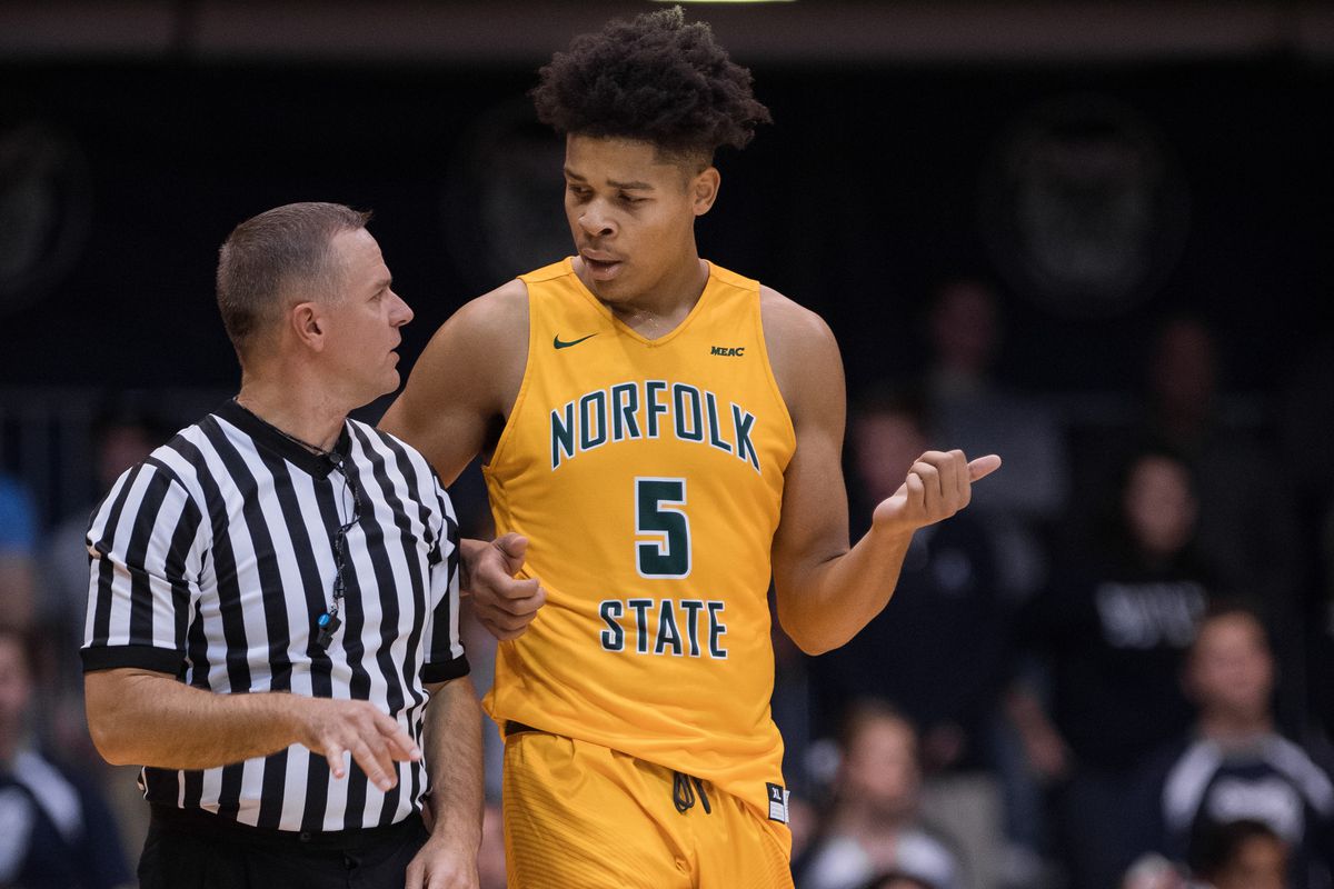 Norfolk State Spartans center Bryan Gellineau talks to a official during the NCAA men’s basketball game between the Butler Bulldogs and Norfolk State Spartans on November 21, 2016, at Hinkle Fieldhouse in Indianapolis, IN.