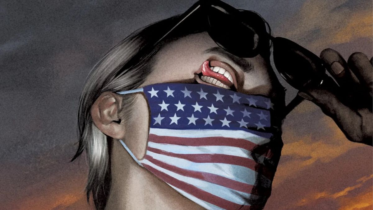 The Corinthian, wearing an American flag medical mask over his mouth and nose, raises his sunglasses away from his face, revealing that his right eye (which is a mouth) is licking its lips, from the cover of Sandman Universe: Nightmare Country (2022).