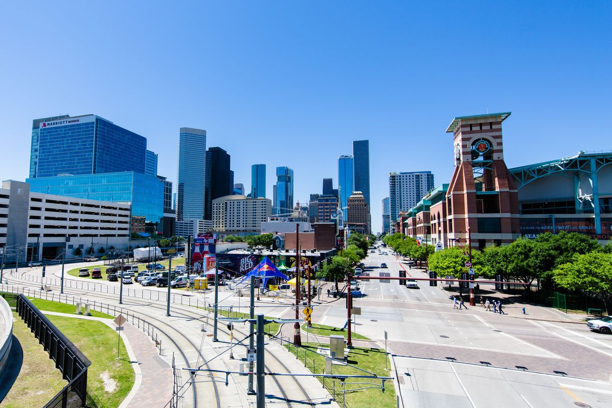 Wide angle view of Minute Maid Park showing downtown Houston skyline before an MLB game between the Houston Astros and the Seattle Mariners on April 3, 2017, at Minute Made Park in Houston, TX.