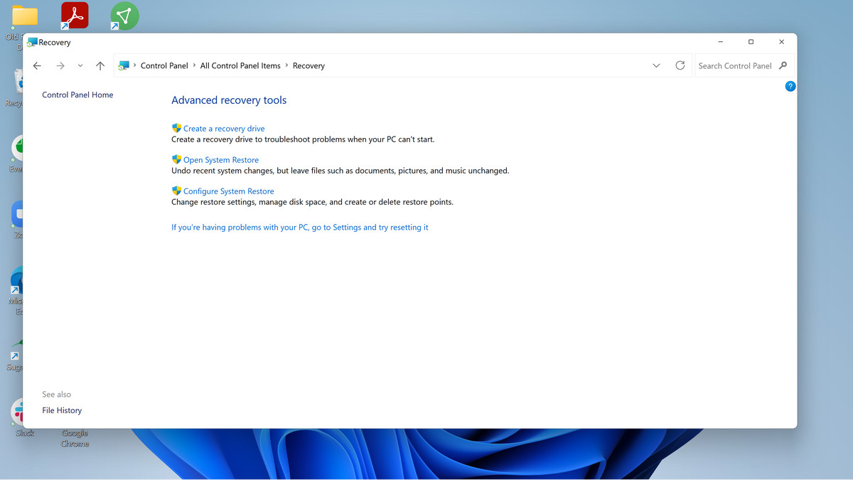 When you go to the Recovery page, you'll be able to open or configure System Restore.