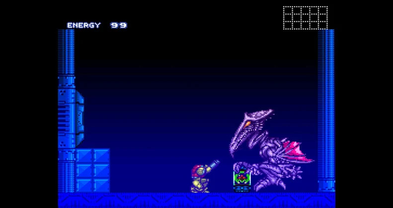 Samus aims her arm cannon at Ridley, who has stolen the baby Metroid in Super Metroid