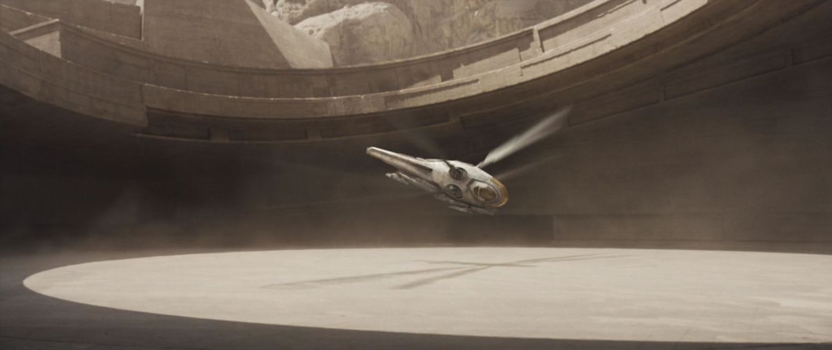 A beat-up old thopter takes off from landing bay A-23, Tatooine. I mean Arrakis.