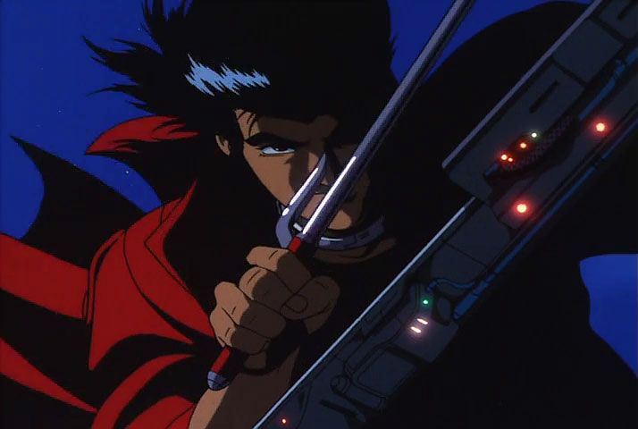 An anime character in a red coat with spiky hair brandishes a metal handheld saber and stares menancingly.