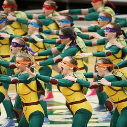 The American Fork drill team competes in the show category of the 6A state finals at the UCCU Center in Orem on Thursday, Feb. 4, 2021.