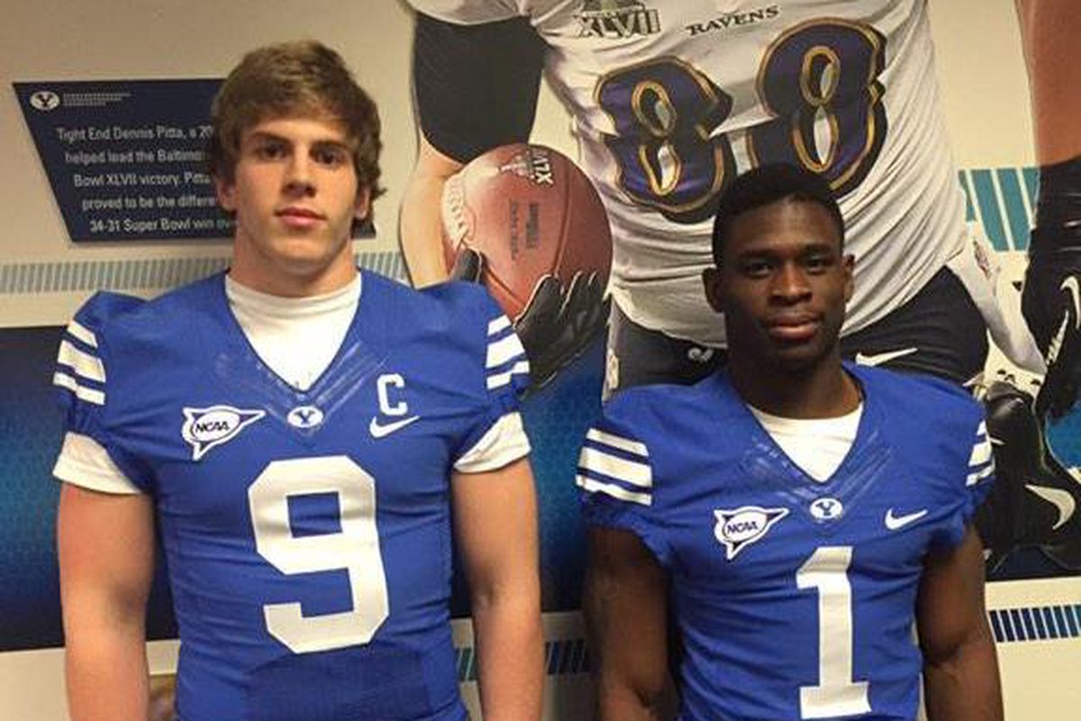Scott Huntsman (9) with high-school teammate and fellow BYU commit Charles West (1) on their official visit to Provo on Jan. 30.