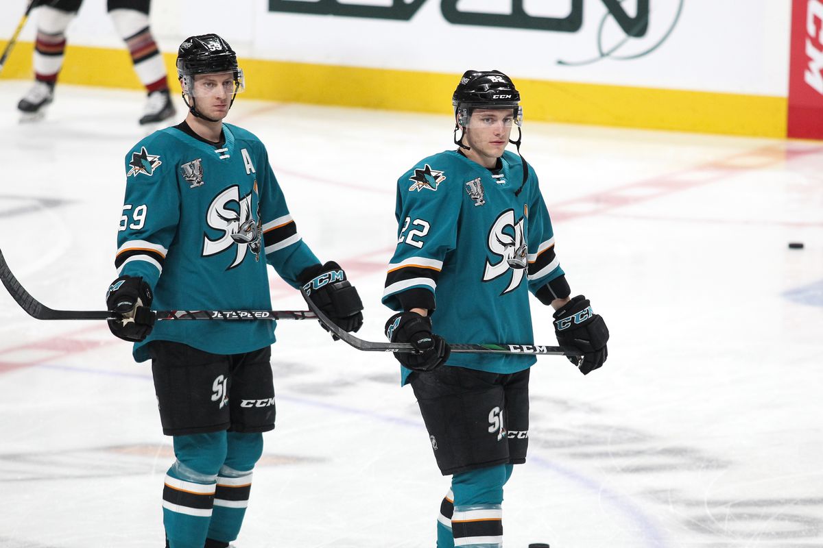 SAN JOSE, CA - FEBRUARY 17: against the Tucson Roadrunners at SAP Center on February 17, 2020 in San Jose, California (Photo by Kavin Mistry)