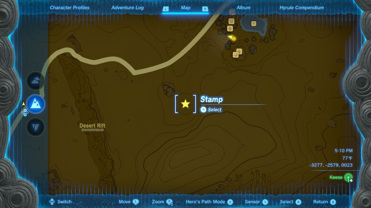 The map location of the sinkhole in Zelda: Tears of the Kingdom