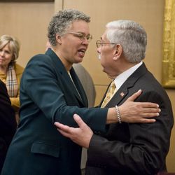 Cook County Board President-elect Toni Preckwinkle congratulates then-newly-elected County Assesor Joe Berrios in 2010. | Rich Hein/Sun-Times file photo
