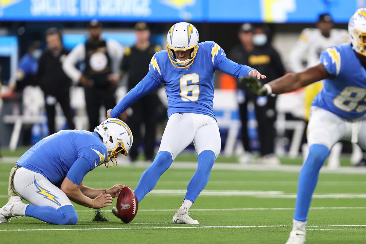 Dustin Hopkins #6 of the Los Angeles Chargers kicks a field goal against the Pittsburgh Steelers during the third quarter at SoFi Stadium on November 21, 2021 in Inglewood, California.
