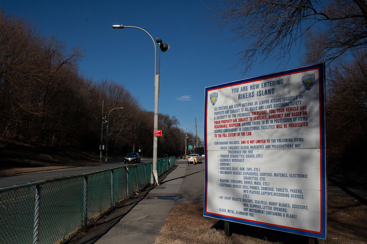 A sign at the entrance to Rikers Island warns about the strict policies for entering the jail complex, Jan. 22, 2019.
