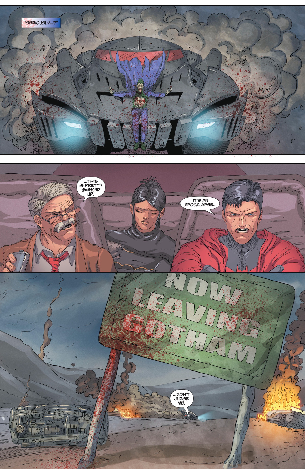 “This is pretty fucked up,” Commissioner Gordon says to Jason Todd, about how he tied the Joker’s dead body to the front of the batmobile. “It’s an apocalypse, don’t judge me,” Jason replies, in DCeased: The Unkillables #1, DC Comics (2020). 
