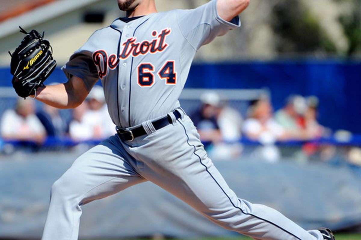 DUNEDIN, FL - FEBRUARY 26:  Pitcher Duane Below #64 of the Detroit Tigers throws in relief against the Toronto Blue Jays February 26, 2011 at Florida Auto Exchange Stadium in Dunedin, Florida.  (Photo by Al Messerschmidt/Getty Images)