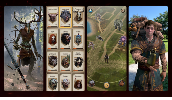Multiple screens show a monster with a sword overlaid on top of it; a selection of monsters to be hunted, including a Pale Fleder and an Alf; a map with monsters on it, a la Pokemon Go; and a merchant offering a potion to the player.