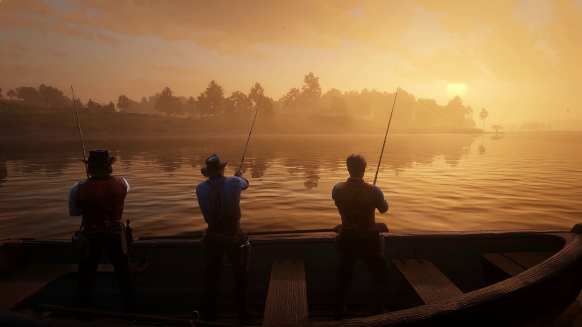 Red Dead Redemption 2 - Arthur fishing with two other men in a canoe