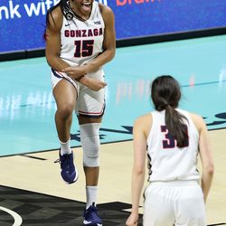 Gonzaga Bulldogs forward Yvonne Ejim (15) celebrates a basket and foul as BYU and Gonzaga play in the WCC women’s basketball tournament finals at the Orleans Arena in Las Vegas on Tuesday, March 9, 2021. Gonzaga won 43-42.