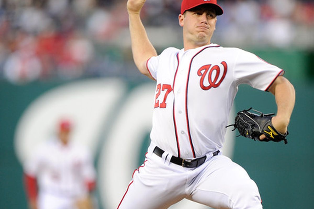 WASHINGTON, DC - APRIL 13:  Jordan Zimmermann #27 of the Washington Nationals pitches against the Cincinnati Reds at Nationals Park on April 13, 2012 in Washington, DC.  (Photo by Greg Fiume/Getty Images)