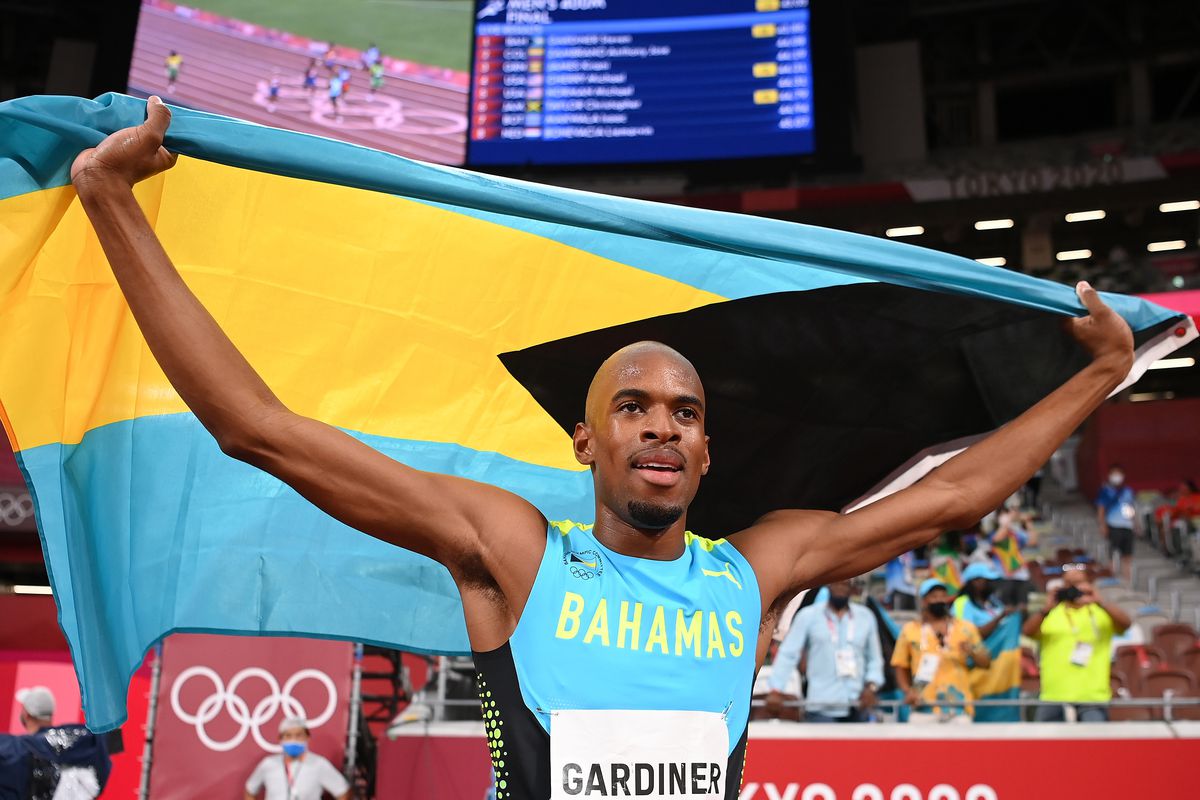 Steven Gardiner of Team Bahamas celebrates after winning the gold medal in the Men’s 400m Final on day thirteen of the Tokyo 2020 Olympic Games at Olympic Stadium on August 05, 2021 in Tokyo, Japan.