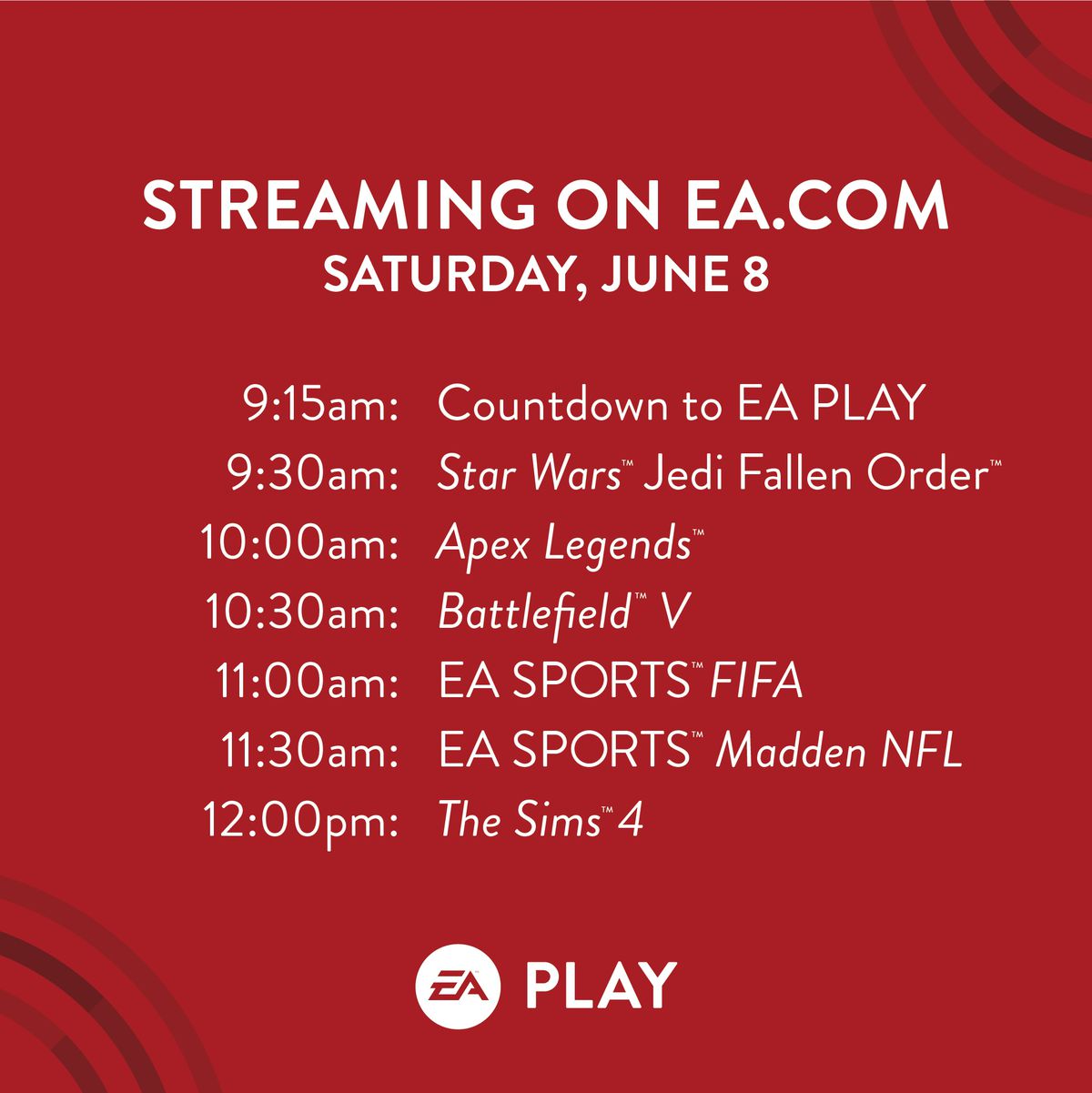 Agenda do livestream do EA Play 2019