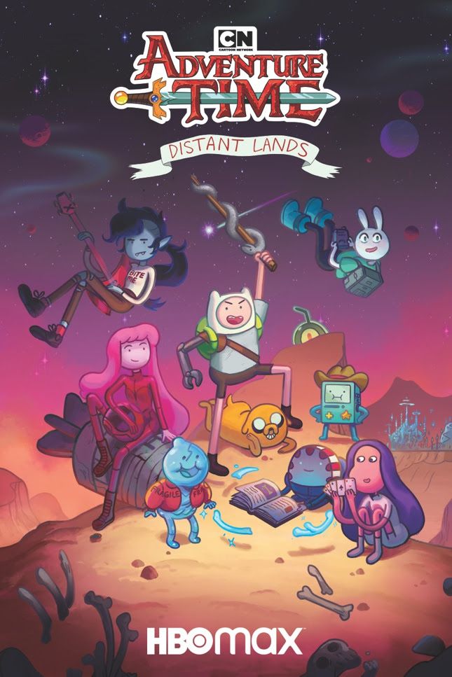 a poster featuring Adventure Time characters Finn, Jake, Marceline, Princess Bubblegum, BMO, and Peppermint Butler