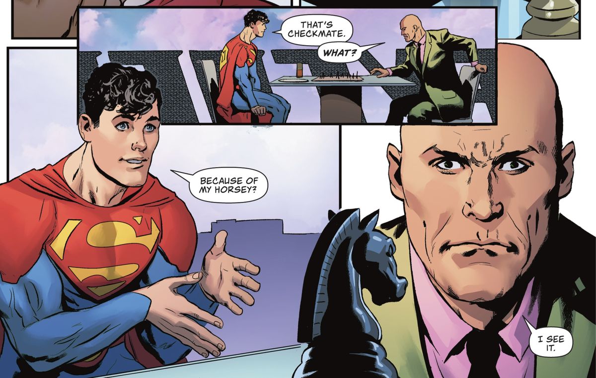 “That’s checkmate,” says Jon Kent/Superman to Lex Luthor. “What?” Luthor is shocked. “Because of my horsey?” Jon explains. “I see it.” Luthor is very frustrated. From Superman: Son of Kal-El 2021 Annual. 
