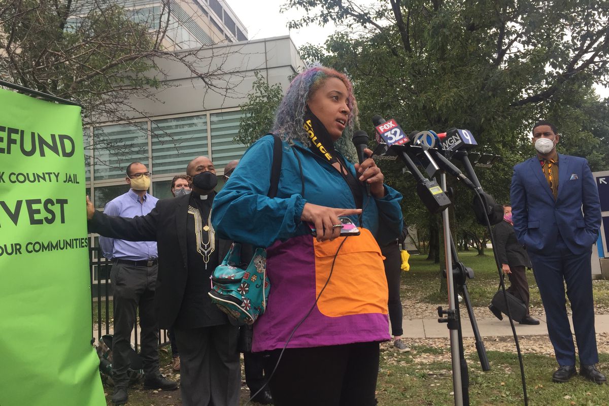 Black Lives Matter Chicago activist Amika Tendaji calls for a “Budgete for Black Lives” outside Stroger Hospital on Wednesday, Sept. 9, 2020.