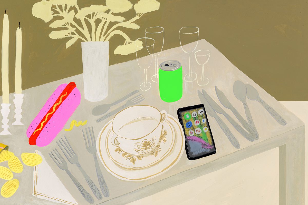 An illustration of a classically set table is a bit disorderly and includes a bright pink hot dog, neon green soda, and a cellphone.