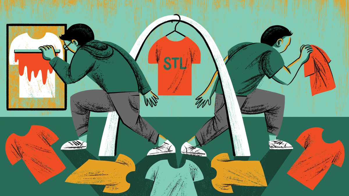 An illustration of two brothers painting T-shirts, backs to each other, with the St. Louis Arch between them.