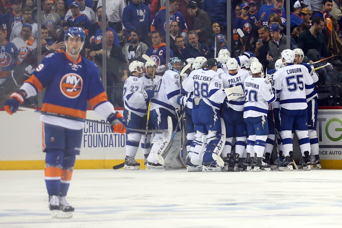 The Lightning celebrates after their Game 3 overtime victory Tuesday night at Barclays Center.