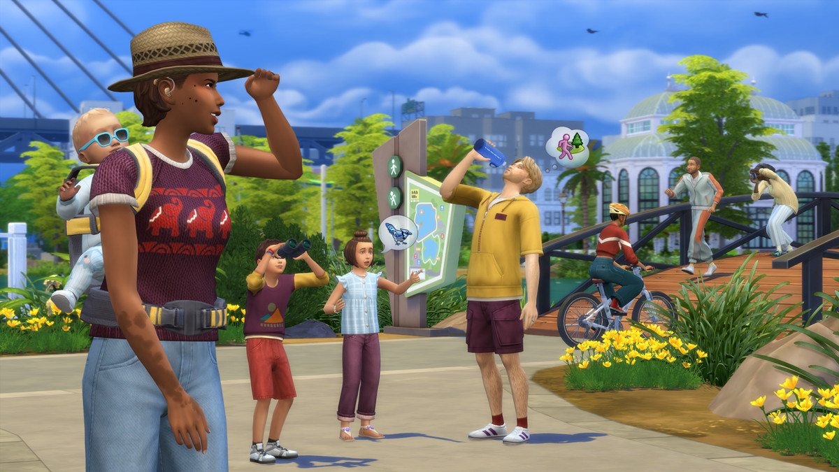 a group of sims in a park; a few of them jog over a bridge; the one on the left carries a baby on their back