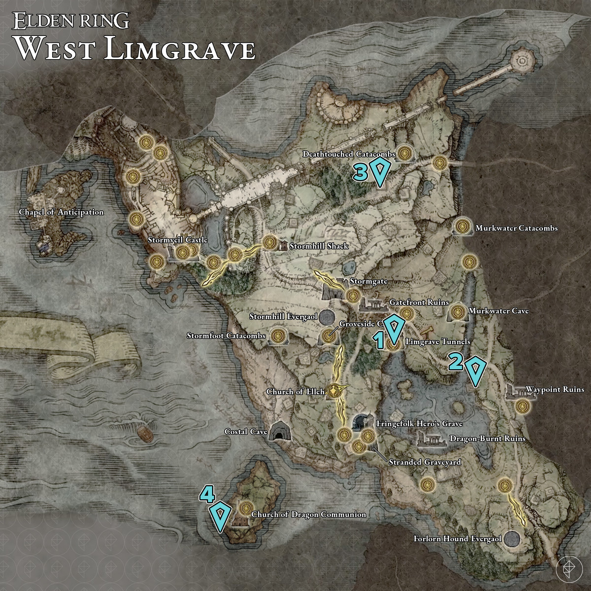 A map of West Limgrave showing Elden Ring somber smithing stones locations
