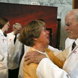 Karen Huntsman speaks with Spencer Eccles following the announcement of a landmark gift to the University of Utah’s School of Medicine in Salt Lake City on Wednesday, June 9, 2021. Two Eccles family foundations are giving a combined $110 million to the University of Utah School of Medicine.