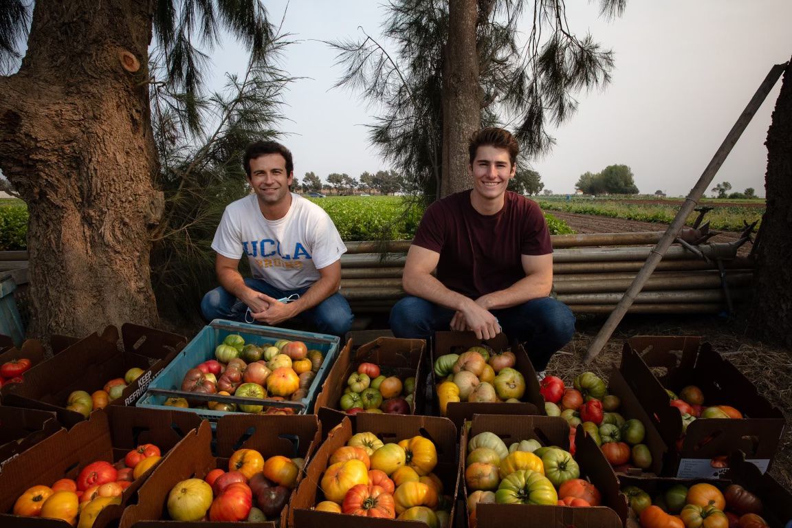 Chris Clark and Jonathan Friedland kneel behind crates of fruit in a field.