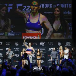 Cris Cyborg poses at UFC 222 weigh-ins.