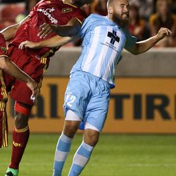 Real Salt Lake defender Jamison Olave (4) and Wilmington defender Tom Parratt (2) compete for the ball during a U.S. Open Cup game at Rio Tinto Stadium in Sandy on Tuesday, June 14, 2016.