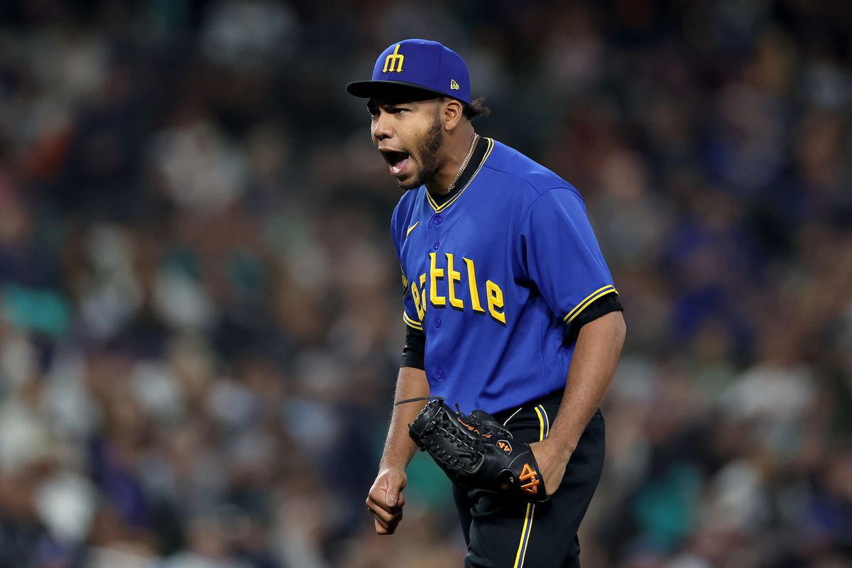 Eduard Bazardo of the Seattle Mariners reacts during the eighth inning against the Texas Rangers at T-Mobile Park on September 29, 2023 in Seattle, Washington.