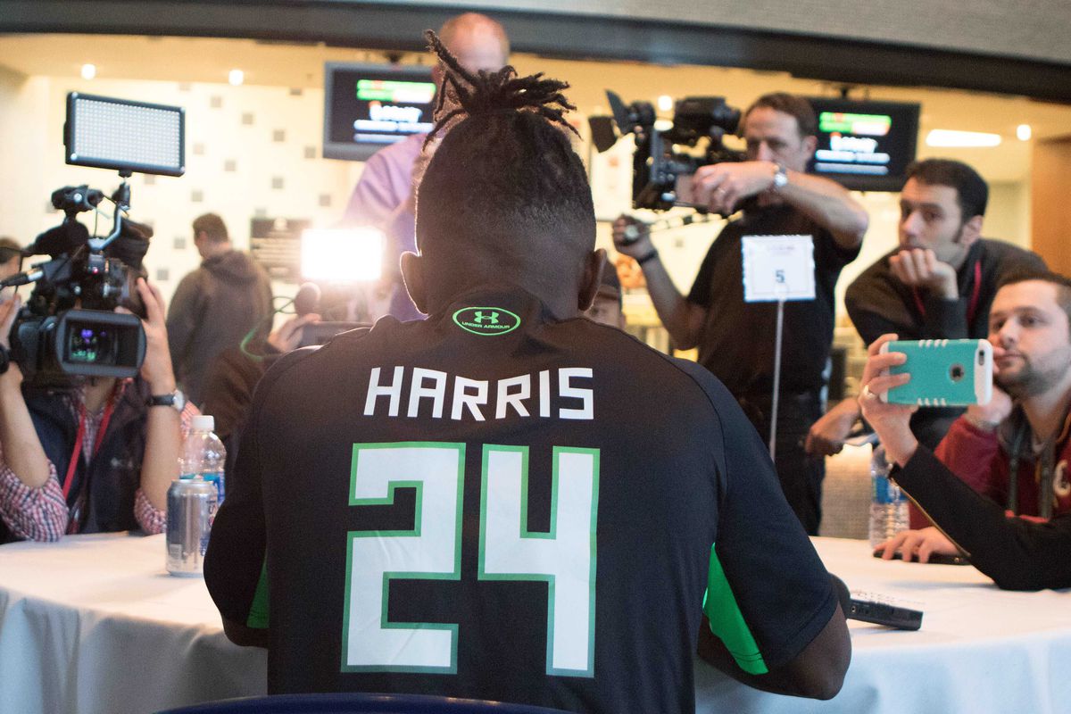 De'Vante Harris speaks to the media at the 2016 NFL Combine